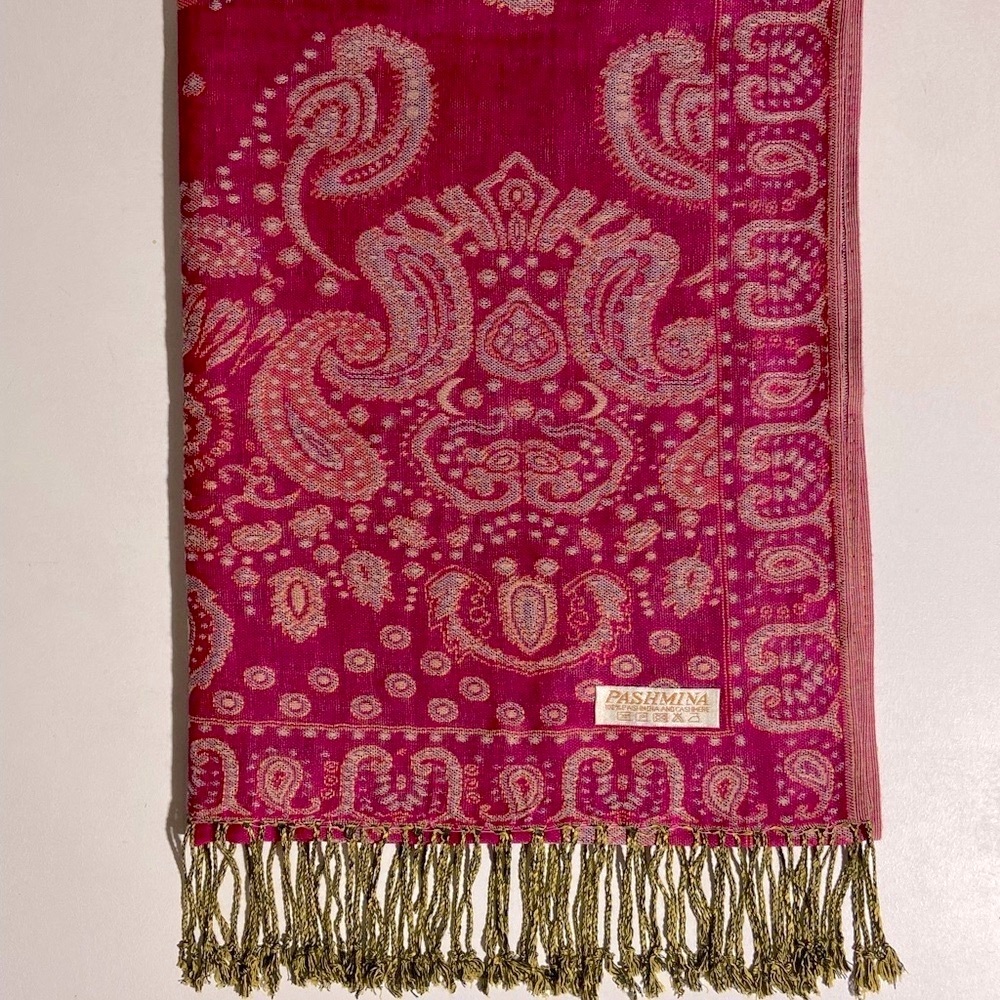 Cashmere Pashmina Rich Raspberry Pink Jacquard Scarf Wrap Light Green Tassels